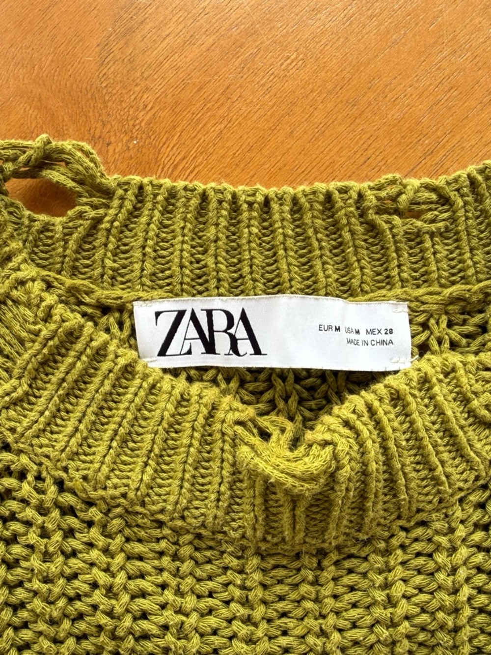 ZARA Olive Green Open-Knit Crewneck Sweater